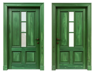 Two weathered green wooden doors with glass panels