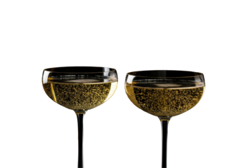 two elegant vintage crystal coupe glasses filled with effervescent golden sparkling wine and a silhouette bottle on a deep black chiaroscuro background with dramatic cinematic lighting. concept for