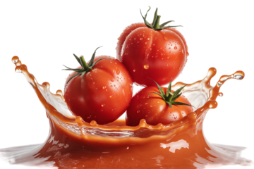 Three fresh red tomatoes with water droplets splashing into vibrant red tomato juice on a white background.