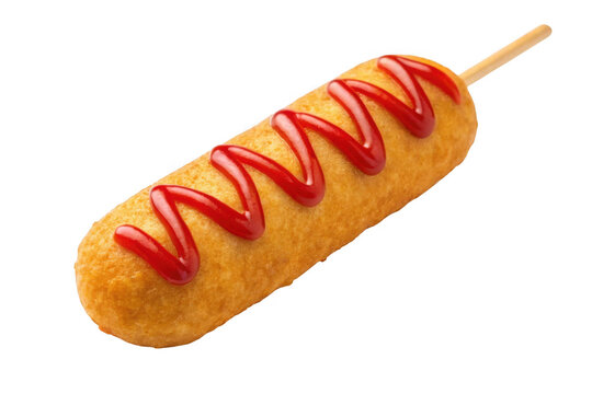 Golden corn dog with ketchup drizzle isolated on transparent background