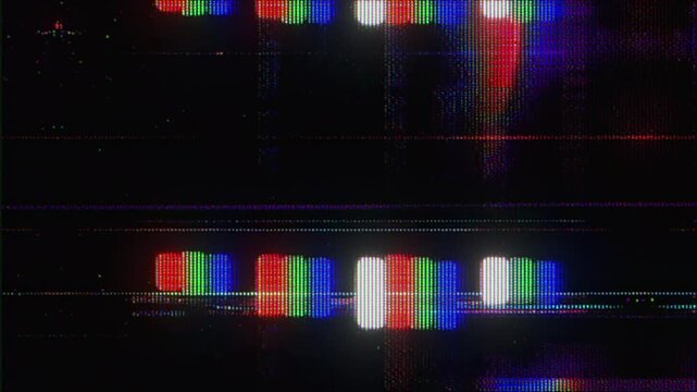 4K RGB glitch bar screen animation, horizontal digital signal blocks with chromatic separation, CRT style scanlines and noise, distorted broadcast interface look, abstract electronic screen motion