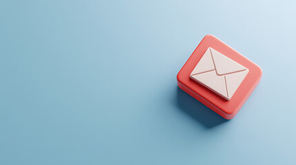 An email envelope icon displayed on a red square button set against a blue background, symbolizing digital communication and messaging. The clean design emphasizes modern technology.