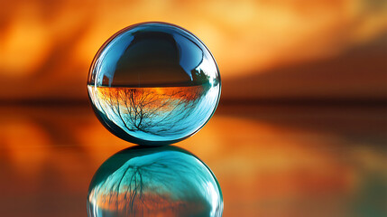 Glass Sphere Reflecting Bare Tree and Orange Sky graphic isolated on a transparent background