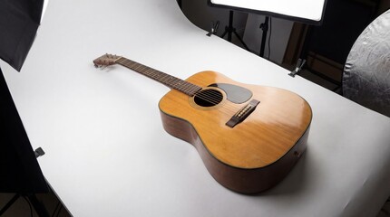 chord. Acoustic guitar placed on a white surface with studio lighting from a 45-degree angle. tutorial guides, club newsletters, designed for tourism and weekend activity guides.