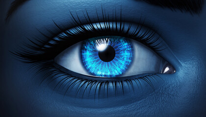 Close Up 3D Rendering of a Human Eye with Glowing Blue Digital Iris and Camera Lens Reflection