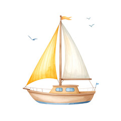 Obraz premium 黄色い帆のヨット かわいい水彩イラスト