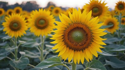 Fototapeta premium Bright Sunflowers in a Vast Field Under Warm Summer Light, Rich Yellow Blooms and Green Leaves