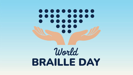 World Braille Day awareness illustration with supportive hands and braille dots promoting accessibility inclusion and equal rights for visually impaired people on blue background