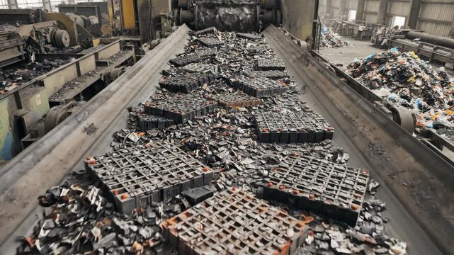 Inside a lively industrial space, machines process heaps of discarded metal. Workers sort and prepare the material for recycling, breathing new life into old scraps.