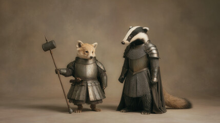 Anthropomorphic badger warrior and fox soldier in medieval armor. Fantasy animals as historical knight character for storytelling.
