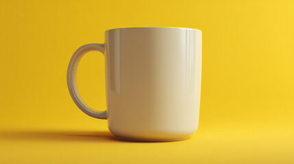 Simple white ceramic coffee mug mockup on a solid yellow background