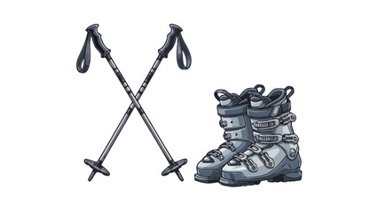 Pixel art of crossed ski poles and a pair of alpine ski boots on a white background
