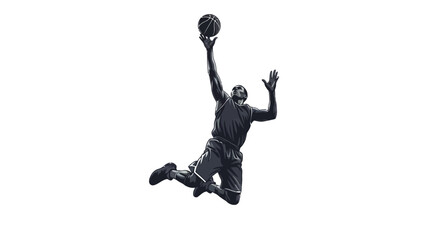 Pixelated basketball player in a dunk attempt against a white background