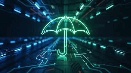 Neon green umbrella on futuristic circuit board background