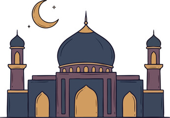 Hand-drawn Mosque Illustration with Crescent Moon and Stars