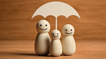A charming wooden family of three with smiling faces, sheltered under a white umbrella, set against a warm wooden backdrop.
