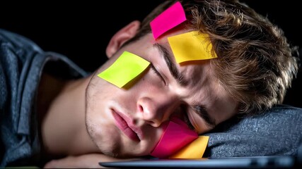 Tired person resting on desk with sticky notes