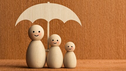A trio of wooden figurines stand together under a wooden umbrella, symbolizing protection and family unity on a textured background.