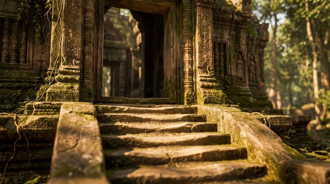 asgard. Ancient temple entrance with worn stone steps in soft afternoon light. event programs, museum guides, designed for cultural heritage projects and event programs.