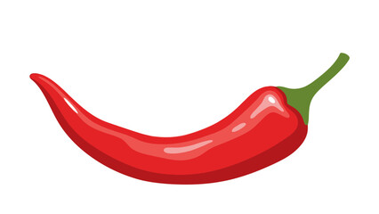 A vibrant red chili pepper with a curved shape and green stem on white