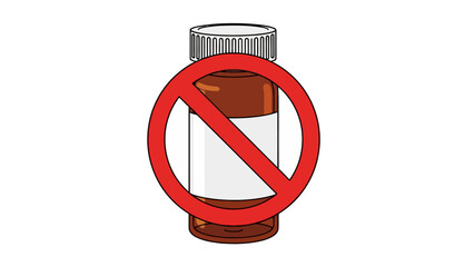 Amber pill bottle crossed out with a large red prohibition sign