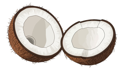 An illustration of a fibrous brown coconut split into two halves revealing white flesh