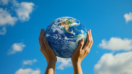 Hands holding planet Earth against a blue sky with clouds globe isolated on a transparent background