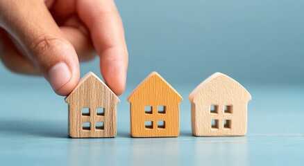 A hand is placing a wooden house model among two other similar models, symbolizing real estate or decision-making in home selection.
