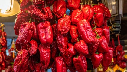 Exotic Spice Markets  - Paprika Pods Red in Hungarian Kalocsa Market Winter Display