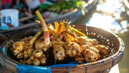 Exotic Spice Markets  - Ginger Rhizomes Fresh in Thai Floating Market Summer Basket