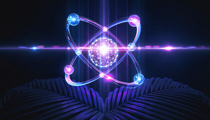 Fototapeta premium Glowing Quantum Atom Structure with Rotating Electrons and Light Beams