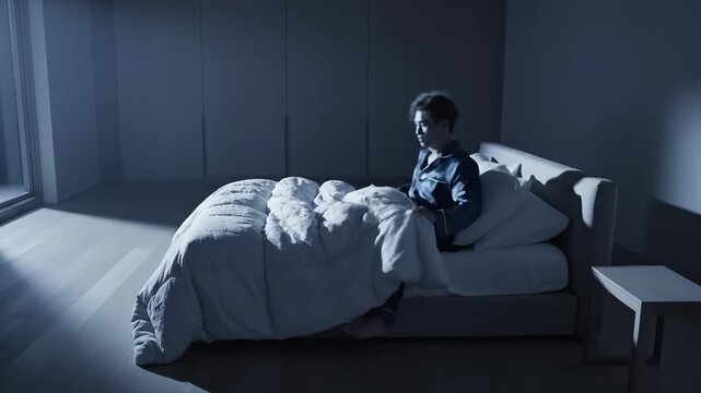 Man in pajamas walking toward bed at night for sleep routine