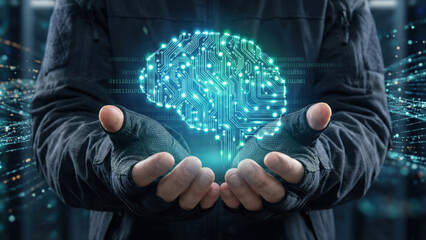 Artificial intelligence digital brain human hand cyberpunk technology data network binary code neural network innovation future concept cyberpunk