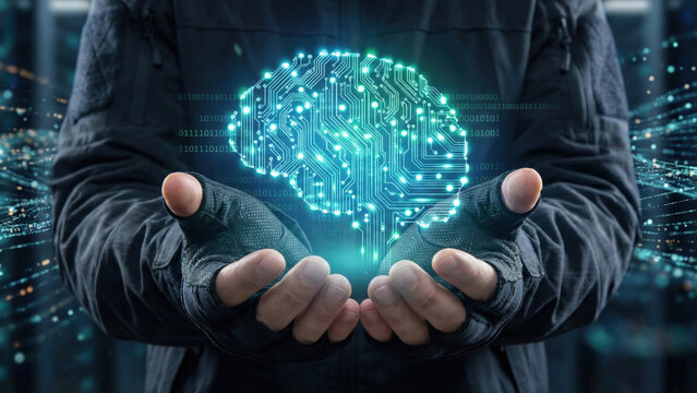 Artificial intelligence digital brain human hand cyberpunk technology data network binary code neural network innovation future concept cyberpunk - Powered by Adobe