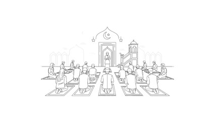 Fototapeta premium islamic congregational prayer in mosque muslim community line art illustration