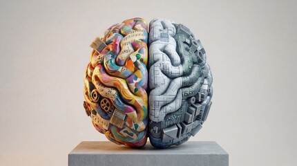hemisphere. Artistic conceptual illustration of a human brain divided into creative and logical halves. wellbeing guides.