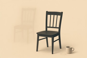 Obraz premium A minimalist black wooden chair casting a subtle shadow on a warm beige background next to an elegant ceramic cup evoking a sense of tranquility and understated elegance