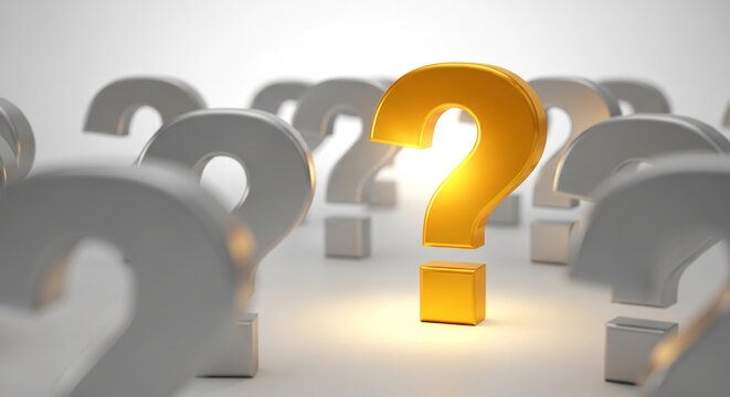 Image of multiple gray question marks, with one prominent golden question mark, symbolizing clarity, uniqueness and solution amidst ambiguity
