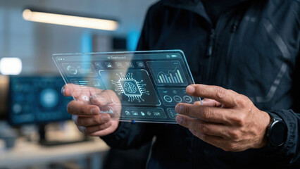 Futuristic tablet interface hologram artificial intelligence digital dashboard data analysis business technology innovation man office