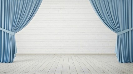 Empty room with light blue stage curtains pulled back, revealing a clean white brick wall and wooden floor, creating a minimalist backdrop for various design concepts