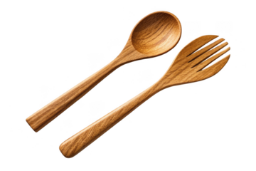 Wooden spoon and fork set isolated on transparent background