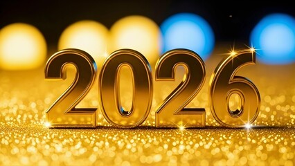 Luxurious Golden 2026 New Year Celebration Display with Sparkling Bokeh Lights on Glittering Surface, Representing Future Goals and Festive Occasions