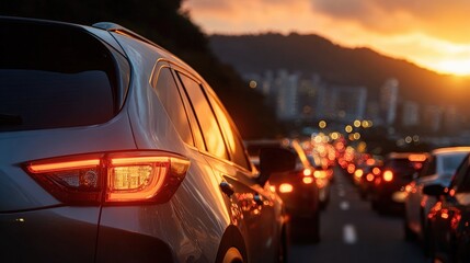 A sleek car is parked in traffic during sunset, with warm colors illuminating the scene and silhouettes of buildings in the background.