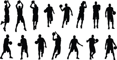 Basketball player silhouette sequence, dribbling shooting passing poses, sports action collection, isolated black athlete figures, training illustration set, design bundle © Jisan World