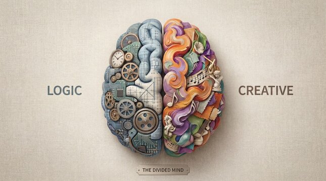 hemisphere. Artistic conceptual illustration of a human brain divided into creative and logical halves. wellbeing guides.