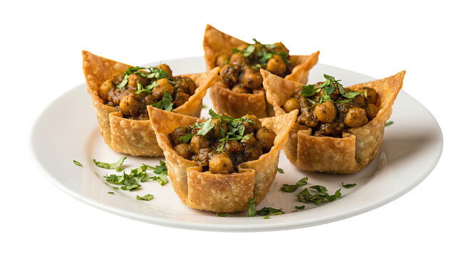 Delicious indian snack chana chaat served in crispy wonton cups isolated on transparent background