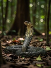 Fototapeta premium Cobra standing upright with expanded hood in a lush tropical forest. The reptile displays classic defensive behavior, highlighting themes of danger, biodiversity, and wild nature in an untouched jungl