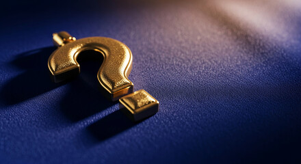 Close-up of a golden question mark on a blue textured surface, representing inquiry, doubt, and uncertainty, suitable for business, educational concepts
