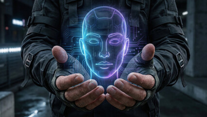 Cyberpunk neon hologram artificial intelligence digital face soldier glove futuristic technology glow cyberpunk neon hologram artificial