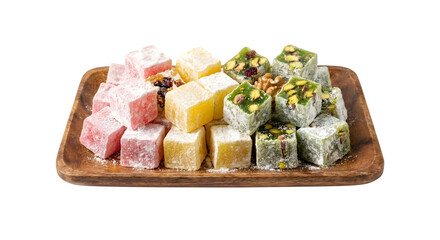 Turkish delight dessert set against a white background

